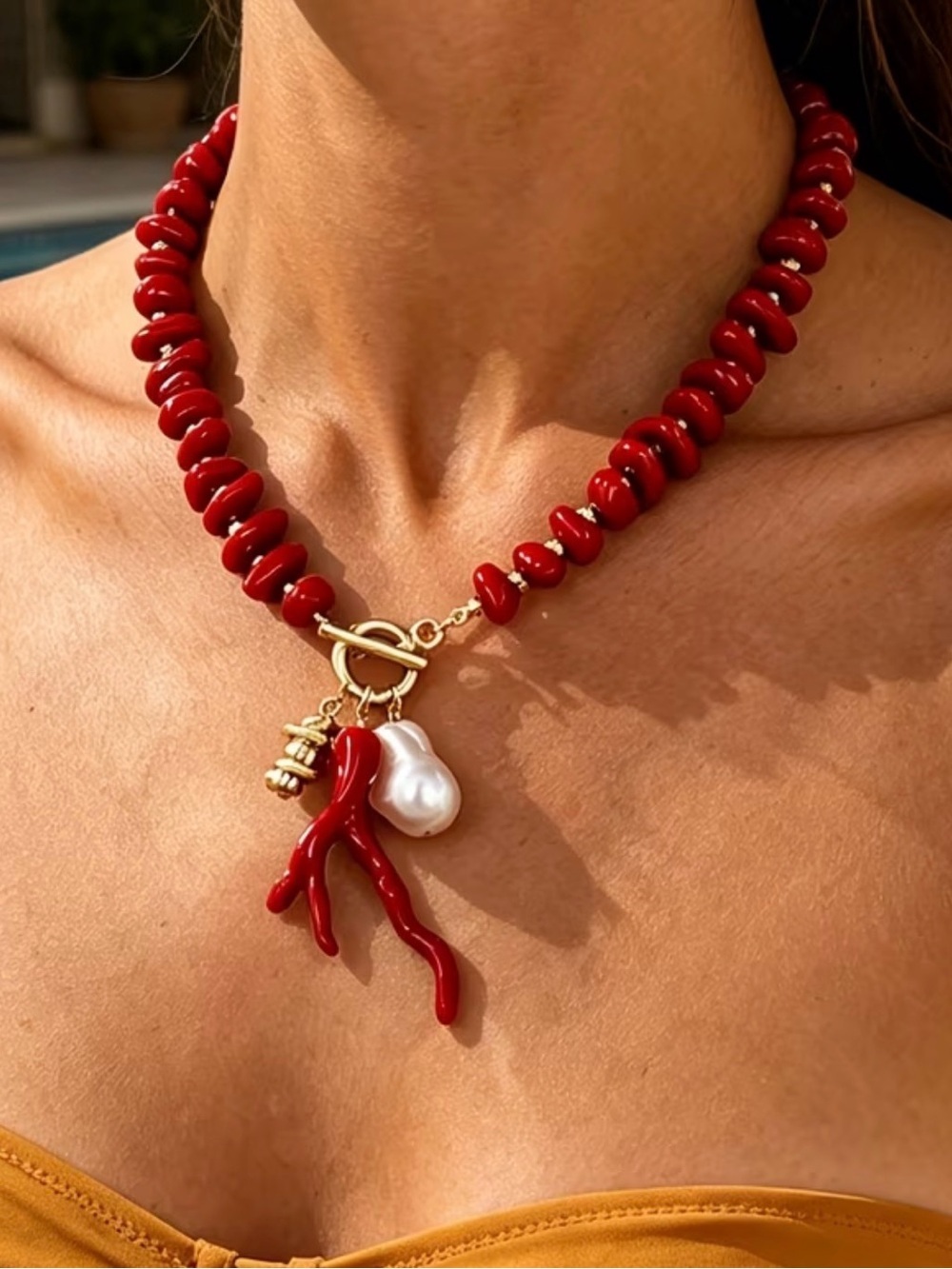 Red Coral Bead Necklace with Pearl & Gold Charm